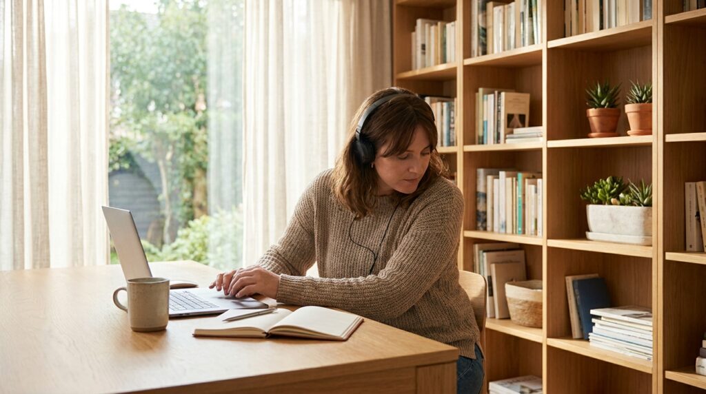 Selbstständige Trainerin arbeitet konzentriert am Laptop im Büro